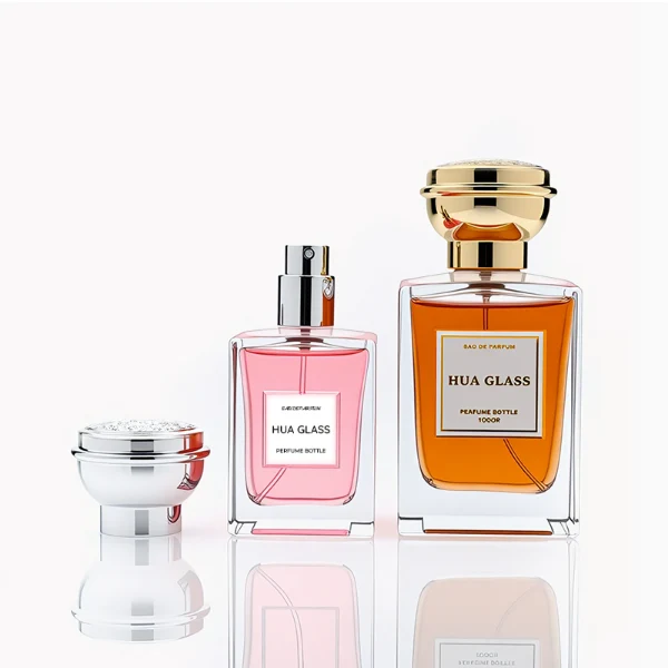 HUA0273 perfume bottle, transparent rectangular glass body with beveled edges and thick base, 50 ml or 100 ml liquid, glossy bowl-shaped plastic cap in silver or gold with matching bottle neck, brand label attached on bottle surface, modern elegant luxury design, ideal for gifting and daily use.