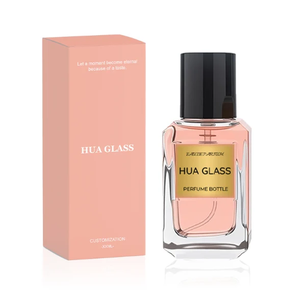 HUA0275 perfume bottle, transparent colorless octagonal glass body with beveled edges and thick base, 30 ml or 50 ml liquid, glossy black cylindrical plastic cap with flat top, aluminum label/sticker attached on bottle surface, modern minimalist luxury design, ideal for gifting and daily use.
