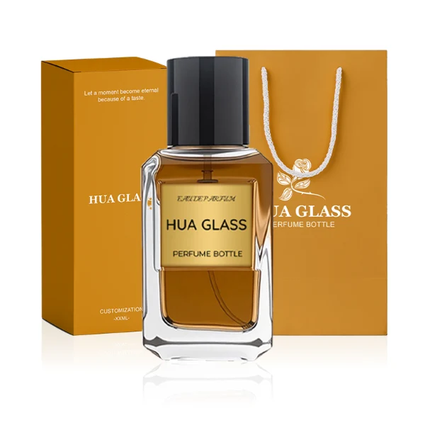 HUA0275 perfume bottle, transparent colorless octagonal glass body with beveled edges and thick base, 30 ml or 50 ml liquid, glossy black cylindrical plastic cap with flat top, aluminum label/sticker attached on bottle surface, modern minimalist luxury design, ideal for gifting and daily use.