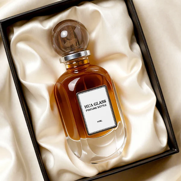 HUA0276 perfume bottle, transparent colorless oval glass body with rounded contours and thick base, 80 ml liquid, glossy spherical resin cap with marble-like texture in customizable colors, printed label attached on bottle surface, modern elegant luxury design, ideal for gifting and daily use.
