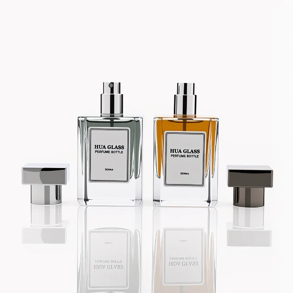 HUA0278 perfume bottle, transparent colorless rectangular glass body with angular edges and thick base, 30 ml, 50 ml, or 100 ml liquid, glossy black or silver square Zamac cap with matching bottle neck, printed label attached on bottle surface, modern masculine luxury design, ideal for gifting and daily use.
