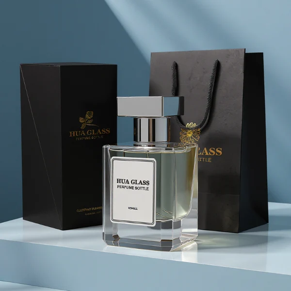 HUA0278 perfume bottle, transparent colorless rectangular glass body with angular edges and thick base, 30 ml, 50 ml, or 100 ml liquid, glossy black or silver square Zamac cap with matching bottle neck, printed label attached on bottle surface, modern masculine luxury design, ideal for gifting and daily use.