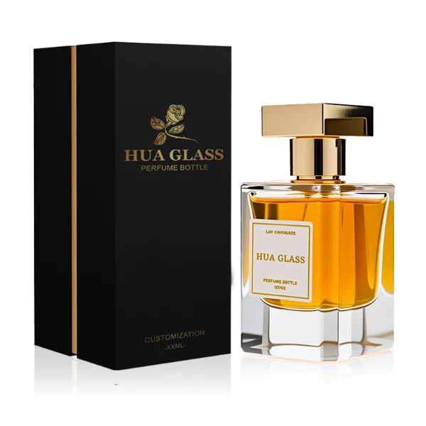 HUA0278 perfume bottle, transparent colorless rectangular glass body with angular edges and thick base, 30 ml, 50 ml, or 100 ml liquid, glossy black or silver square Zamac cap with matching bottle neck, printed label attached on bottle surface, modern masculine luxury design, ideal for gifting and daily use.