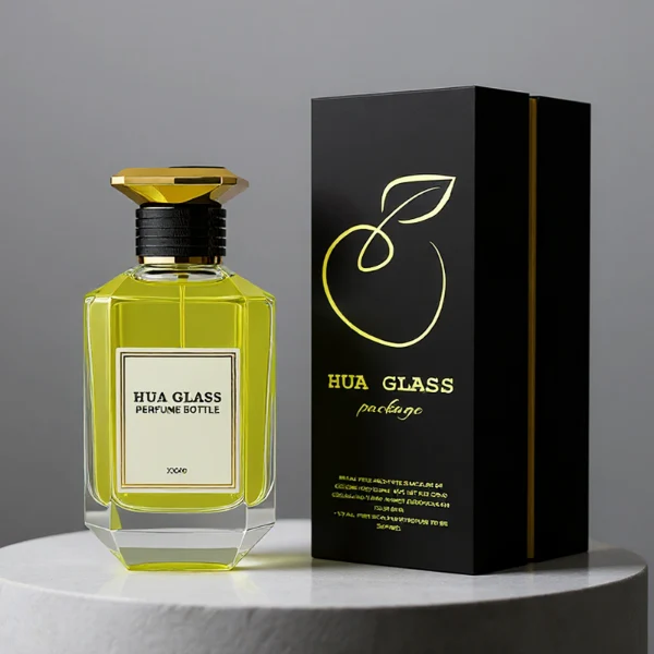 HUA0279 perfume bottle, transparent or customizable gradient geometric glass body with thick base and beveled edges, 30 ml, 50 ml, or 100 ml liquid, flat diamond-top threaded plastic cap in black or gold finish, printed logo label attached on bottle surface, modern luxury fashion design, ideal for gifting and daily use.