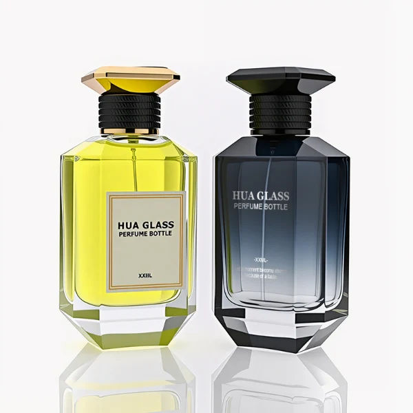 HUA0279 perfume bottle, transparent or customizable gradient geometric glass body with thick base and beveled edges, 30 ml, 50 ml, or 100 ml liquid, flat diamond-top threaded plastic cap in black or gold finish, printed logo label attached on bottle surface, modern luxury fashion design, ideal for gifting and daily use.