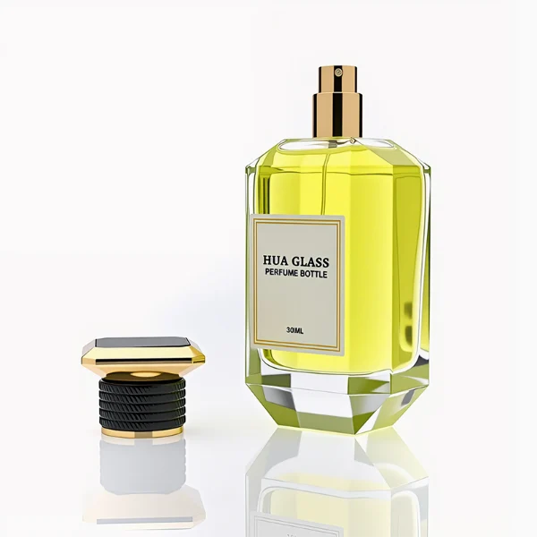 HUA0279 perfume bottle, transparent or customizable gradient geometric glass body with thick base and beveled edges, 30 ml, 50 ml, or 100 ml liquid, flat diamond-top threaded plastic cap in black or gold finish, printed logo label attached on bottle surface, modern luxury fashion design, ideal for gifting and daily use.