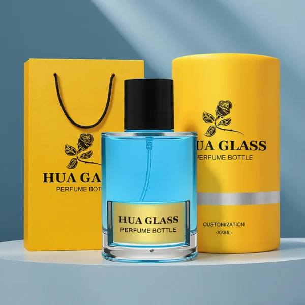 HUA0280 perfume bottle, cylindrical transparent glass body with thick base, 100 ml liquid, glossy flat cylindrical plastic cap in black or white, aluminum label/sticker attached on bottle surface, modern minimalist fashion design, ideal for gifting and daily use.