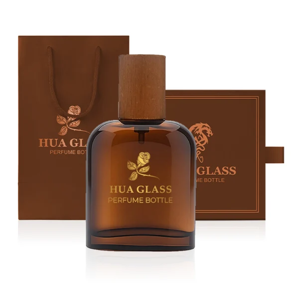 HUA0281 perfume bottle, rounded rectangular customizable semi-transparent glass body in amber, black, or green with thick base, 50 ml liquid, cylindrical cap in natural wood, dark brown wood, or black finish, gold printed logo on bottle surface, modern vintage luxury design, ideal for gifting and daily use.