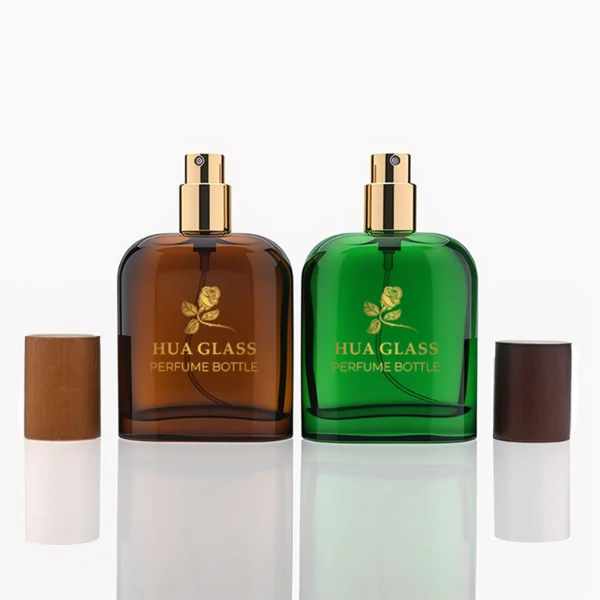 HUA0281 perfume bottle, rounded rectangular customizable semi-transparent glass body in amber, black, or green with thick base, 50 ml liquid, cylindrical cap in natural wood, dark brown wood, or black finish, gold printed logo on bottle surface, modern vintage luxury design, ideal for gifting and daily use.