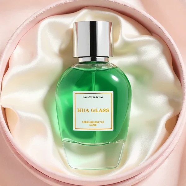 HUA0282 perfume bottle, rounded transparent glass body with thick clear base and customizable transparent colors, 100 ml liquid, glossy cylindrical Zamac cap in silver or gold finish with matching bottle neck, gold-bordered label attached on bottle surface, modern elegant luxury design, ideal for gifting and daily use.