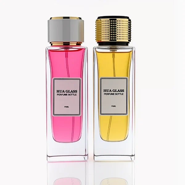 HUA0285 perfume bottle, tall rectangular transparent colorless glass body with thick base and flat sides, label attached on bottle surface, 100 ml liquid, cylindrical plastic cap with white or gold mesh-textured surface and gold or black rings on both ends, modern minimalist luxury design, ideal for gifting and daily use.
