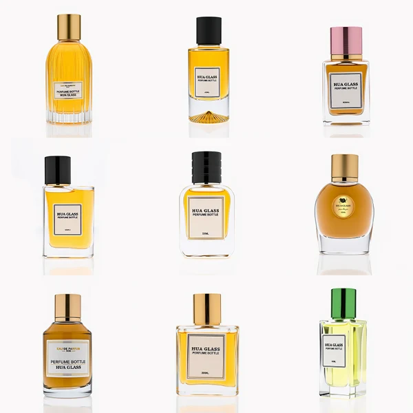 HUA0287 perfume bottle, transparent colorless glass body in cylindrical, rectangular, and ribbed shapes with thick base, 30 ml, 50 ml, or 100 ml liquid, glossy cylindrical aluminum magnetic cap in black, silver, or gold finish, printed label attached on bottle surface, modern minimalist luxury design, ideal for gifting and daily use.