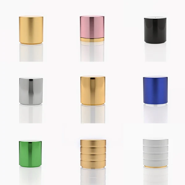 HUA0287 perfume bottle, transparent colorless glass body in cylindrical, rectangular, and ribbed shapes with thick base, 30 ml, 50 ml, or 100 ml liquid, glossy cylindrical aluminum magnetic cap in black, silver, or gold finish, printed label attached on bottle surface, modern minimalist luxury design, ideal for gifting and daily use.