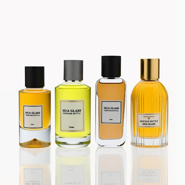 HUA0287 perfume bottle, transparent colorless glass body in cylindrical, rectangular, and ribbed shapes with thick base, 30 ml, 50 ml, or 100 ml liquid, glossy cylindrical aluminum magnetic cap in black, silver, or gold finish, printed label attached on bottle surface, modern minimalist luxury design, ideal for gifting and daily use.