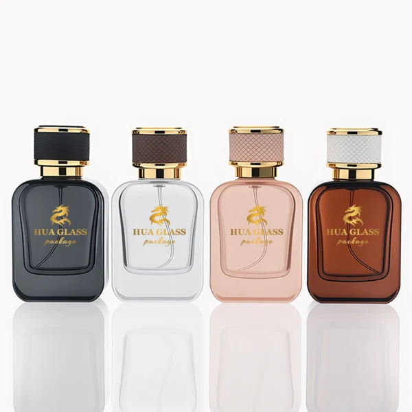 HUA0288 perfume bottle, rounded rectangular transparent or customizable semi-transparent glass body with thick base, 30 ml, 50 ml, or 100 ml liquid, cylindrical gold plastic cap wrapped with mesh-textured leather and gold bottle neck, gold printed logo on bottle surface, modern luxurious fashion design, ideal for gifting and daily use.