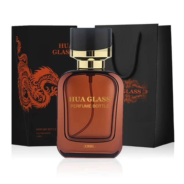 HUA0289 perfume bottle, rounded rectangular semi-transparent black or red glass body with thick base and smooth edges, 30 ml, 50 ml, or 100 ml liquid, black cylindrical plastic cap with diagonal gold accent and gold bottle neck, gold printed logo on bottle surface, modern luxurious fashion design, ideal for gifting and daily use.