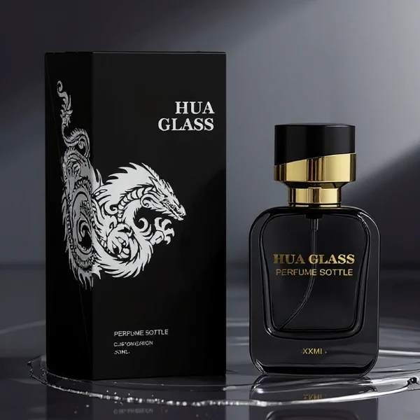 HUA0289 perfume bottle, rounded rectangular semi-transparent black or red glass body with thick base and smooth edges, 30 ml, 50 ml, or 100 ml liquid, black cylindrical plastic cap with diagonal gold accent and gold bottle neck, gold printed logo on bottle surface, modern luxurious fashion design, ideal for gifting and daily use.