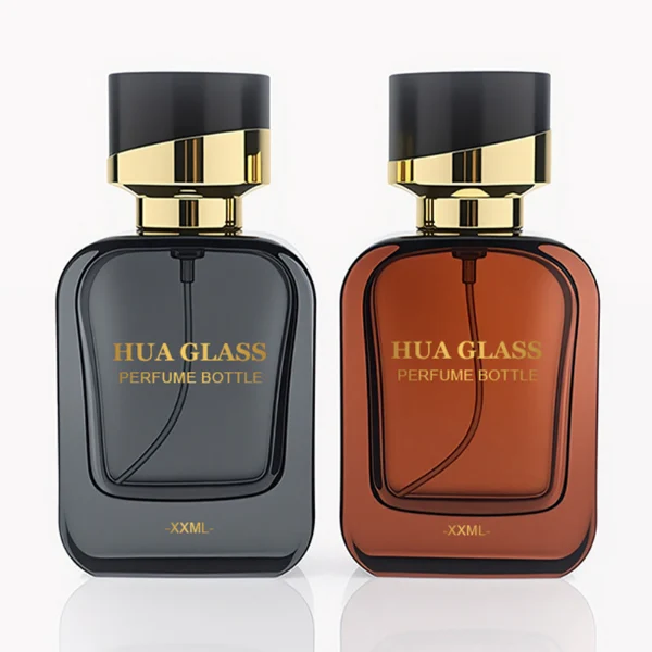 HUA0289 perfume bottle, rounded rectangular semi-transparent black or red glass body with thick base and smooth edges, 30 ml, 50 ml, or 100 ml liquid, black cylindrical plastic cap with diagonal gold accent and gold bottle neck, gold printed logo on bottle surface, modern luxurious fashion design, ideal for gifting and daily use.
