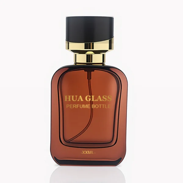 HUA0289 perfume bottle, rounded rectangular semi-transparent black or red glass body with thick base and smooth edges, 30 ml, 50 ml, or 100 ml liquid, black cylindrical plastic cap with diagonal gold accent and gold bottle neck, gold printed logo on bottle surface, modern luxurious fashion design, ideal for gifting and daily use.