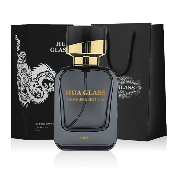 HUA0289 perfume bottle, rounded rectangular semi-transparent black or red glass body with thick base and smooth edges, 30 ml, 50 ml, or 100 ml liquid, black cylindrical plastic cap with diagonal gold accent and gold bottle neck, gold printed logo on bottle surface, modern luxurious fashion design, ideal for gifting and daily use.