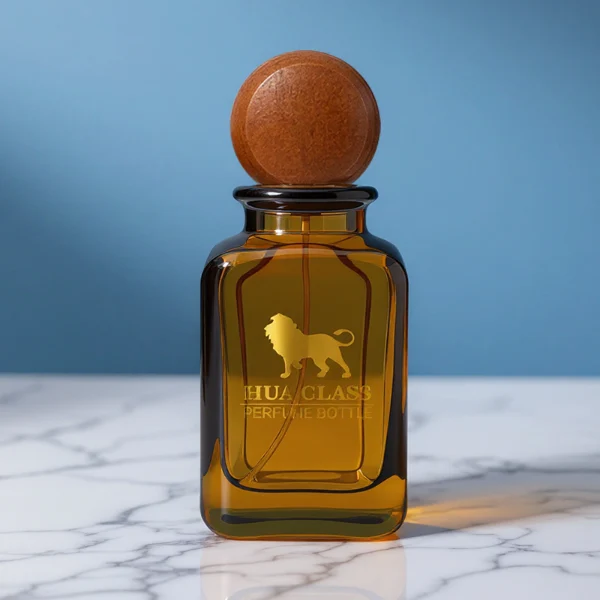 HUA0290 perfume bottle, rounded rectangular semi-transparent amber glass body with thick base and smooth edges, 30 ml, 50 ml, or 100 ml liquid, flattened spherical wooden cap with natural wood texture, gold printed logo on bottle surface, modern vintage luxury design, ideal for gifting and daily use.
