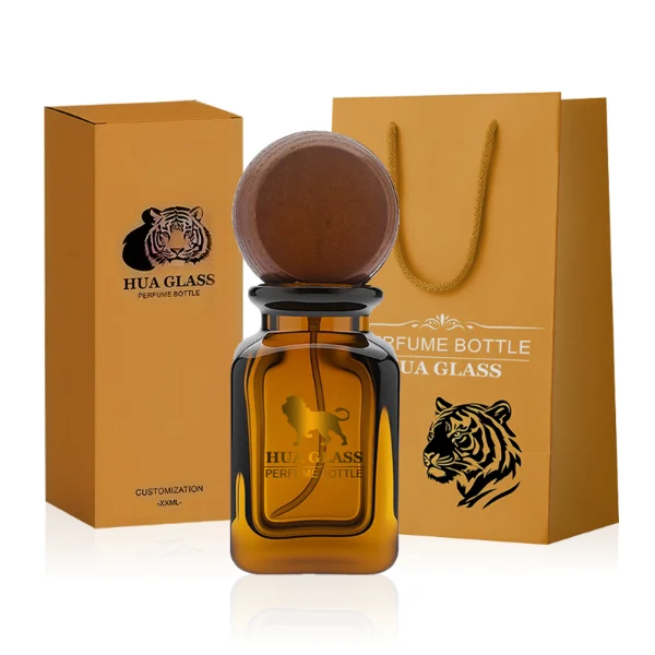 HUA0290 perfume bottle, rounded rectangular semi-transparent amber glass body with thick base and smooth edges, 30 ml, 50 ml, or 100 ml liquid, flattened spherical wooden cap with natural wood texture, gold printed logo on bottle surface, modern vintage luxury design, ideal for gifting and daily use.