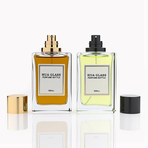 HUA0291 perfume bottle, rectangular transparent colorless glass body with thick base and beveled edges, 100 ml liquid, glossy cylindrical aluminum cap in gold or black finish, printed label attached on bottle surface, modern minimalist luxury design, ideal for gifting and daily use.
