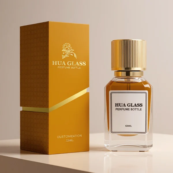 HUA0292 perfume bottle, transparent colorless octagonal beveled glass body with thick base and angled faceted edges, 30 ml, 50 ml, or 100 ml liquid, glossy gold cylindrical aluminum cap with matching gold bottle neck, printed label attached on bottle surface, modern elegant luxury design, ideal for gifting and daily use.