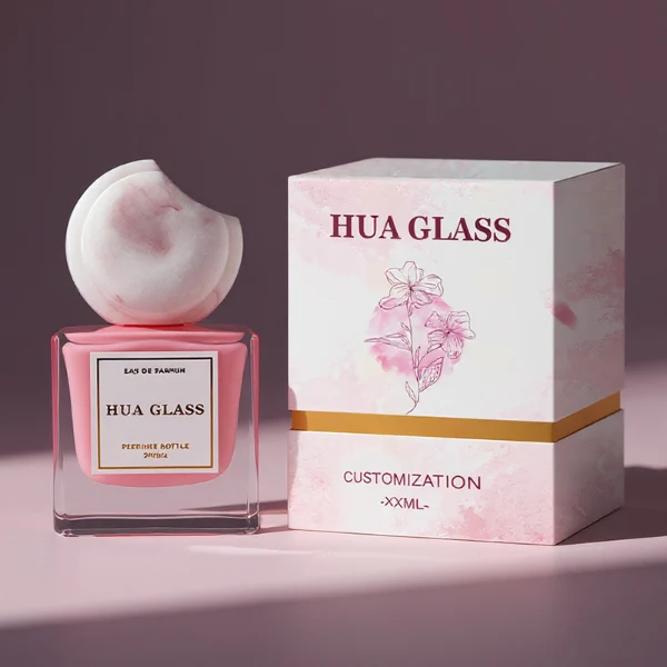 HUA0293 perfume bottle, square internally sprayed glass body with thick base and customizable colors, 30 ml, 50 ml, or 100 ml liquid, flattened crescent-shaped resin cap in customizable colors, printed label attached on bottle surface, modern playful luxury design, ideal for gifting and daily use.