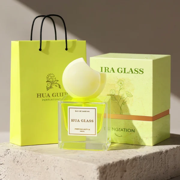 HUA0293 perfume bottle, square internally sprayed glass body with thick base and customizable colors, 30 ml, 50 ml, or 100 ml liquid, flattened crescent-shaped resin cap in customizable colors, printed label attached on bottle surface, modern playful luxury design, ideal for gifting and daily use.
