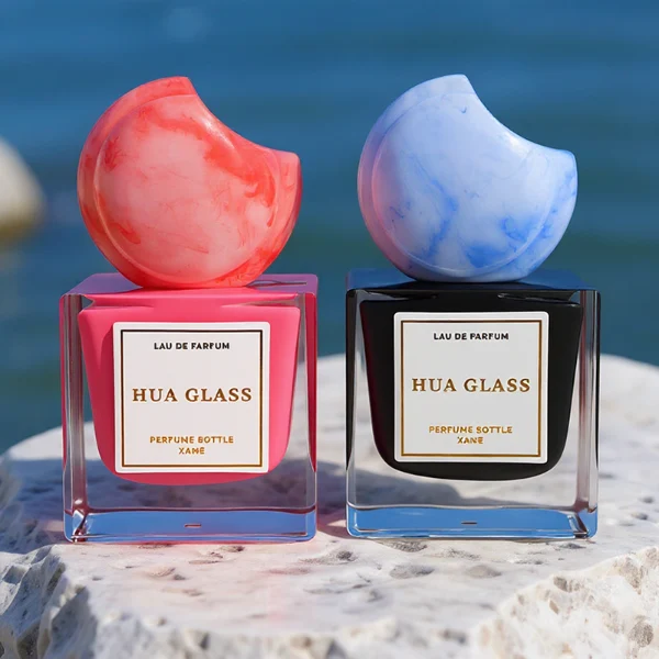 HUA0293 perfume bottle, square internally sprayed glass body with thick base and customizable colors, 30 ml, 50 ml, or 100 ml liquid, flattened crescent-shaped resin cap in customizable colors, printed label attached on bottle surface, modern playful luxury design, ideal for gifting and daily use.
