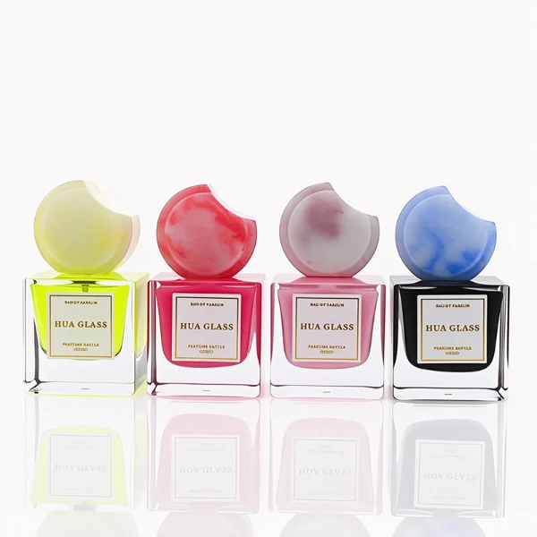 HUA0293 perfume bottle, square internally sprayed glass body with thick base and customizable colors, 30 ml, 50 ml, or 100 ml liquid, flattened crescent-shaped resin cap in customizable colors, printed label attached on bottle surface, modern playful luxury design, ideal for gifting and daily use.