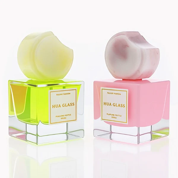 HUA0293 perfume bottle, square internally sprayed glass body with thick base and customizable colors, 30 ml, 50 ml, or 100 ml liquid, flattened crescent-shaped resin cap in customizable colors, printed label attached on bottle surface, modern playful luxury design, ideal for gifting and daily use.
