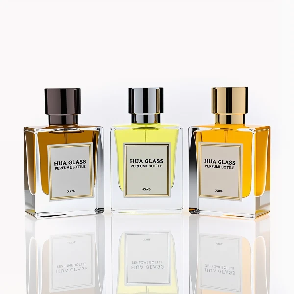 HUA0294 perfume bottle, square transparent colorless glass body with thick base and beveled edges, 50 ml liquid, glossy cylindrical Zamac cap in black, gold, or silver finish with matching bottle neck, printed label attached on bottle surface, modern minimalist luxury design, ideal for gifting and daily use.
