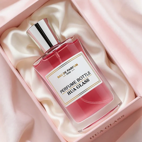 HUA0295 perfume bottle, rectangular handbag-shaped transparent colorless glass body with rounded corners and thick base, 50 ml liquid, glossy tapered cylindrical plastic cap in gold or silver finish, printed label attached on bottle surface, modern elegant luxury design, ideal for gifting and daily use.