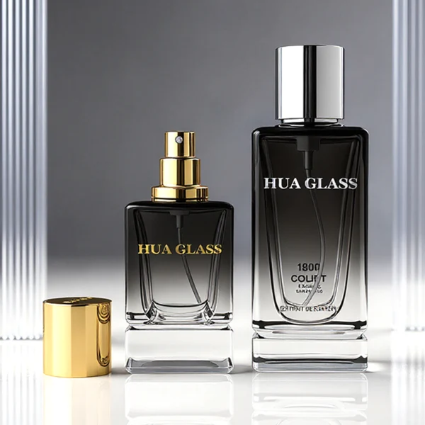 HUA0298 perfume bottle, gradient semi-transparent glass body with thick base and curved side contours, 30 ml, 50 ml, or 100 ml liquid, glossy cylindrical aluminum cap in black, silver, or gold finish, printed logo on bottle surface, modern minimalist luxury design, ideal for gifting and daily use.