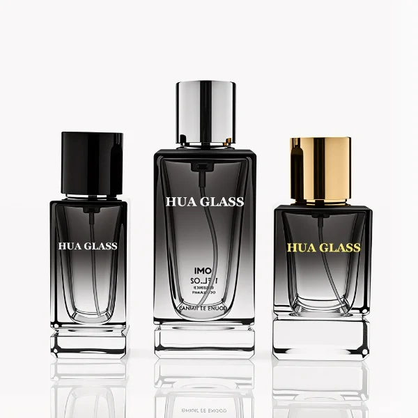 HUA0298 perfume bottle, gradient semi-transparent glass body with thick base and curved side contours, 30 ml, 50 ml, or 100 ml liquid, glossy cylindrical aluminum cap in black, silver, or gold finish, printed logo on bottle surface, modern minimalist luxury design, ideal for gifting and daily use.