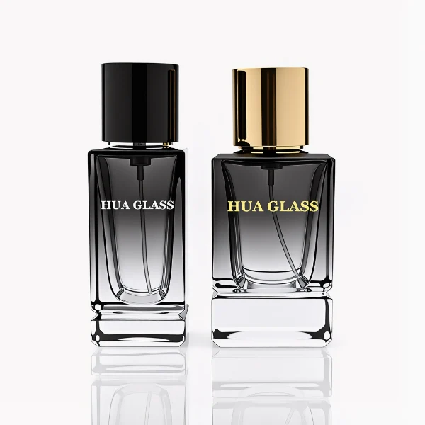 HUA0298 perfume bottle, gradient semi-transparent glass body with thick base and curved side contours, 30 ml, 50 ml, or 100 ml liquid, glossy cylindrical aluminum cap in black, silver, or gold finish, printed logo on bottle surface, modern minimalist luxury design, ideal for gifting and daily use.