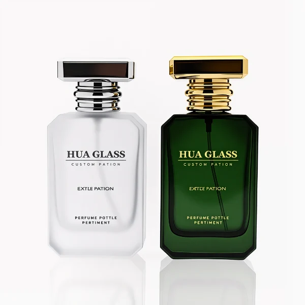 HUA0299 perfume bottle, frosted or semi-transparent customizable color glass body with geometric faceted edges and thick base, 30 ml, 50 ml, or 100 ml liquid, flat rectangular plastic cap in gold or silver color, printed logo on bottle surface, modern artistic luxury design, ideal for gifting and daily use.
