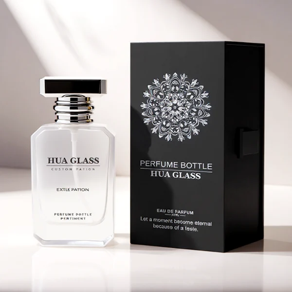 HUA0299 perfume bottle, frosted or semi-transparent customizable color glass body with geometric faceted edges and thick base, 30 ml, 50 ml, or 100 ml liquid, flat rectangular plastic cap in gold or silver color, printed logo on bottle surface, modern artistic luxury design, ideal for gifting and daily use.