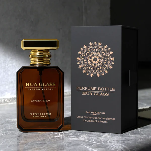 HUA0299 perfume bottle, frosted or semi-transparent customizable color glass body with geometric faceted edges and thick base, 30 ml, 50 ml, or 100 ml liquid, flat rectangular plastic cap in gold or silver color, printed logo on bottle surface, modern artistic luxury design, ideal for gifting and daily use.