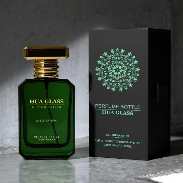 HUA0299 perfume bottle, frosted or semi-transparent customizable color glass body with geometric faceted edges and thick base, 30 ml, 50 ml, or 100 ml liquid, flat rectangular plastic cap in gold or silver color, printed logo on bottle surface, modern artistic luxury design, ideal for gifting and daily use.