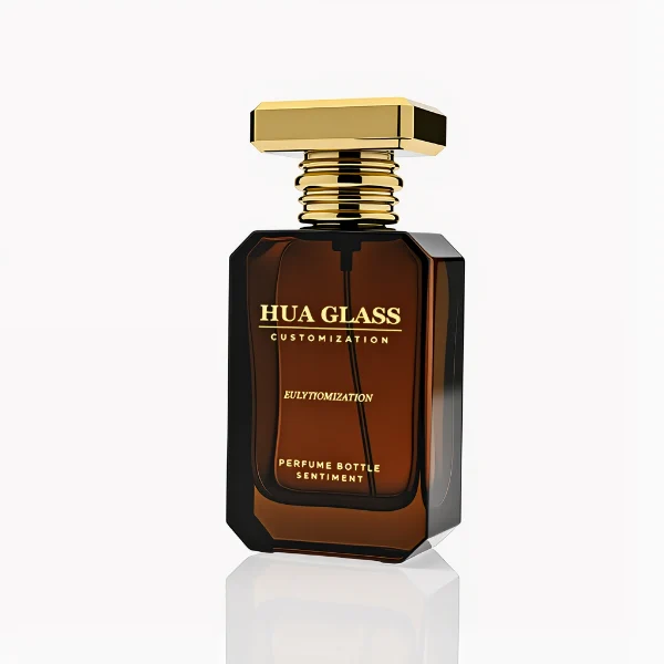 HUA0299 perfume bottle, frosted or semi-transparent customizable color glass body with geometric faceted edges and thick base, 30 ml, 50 ml, or 100 ml liquid, flat rectangular plastic cap in gold or silver color, printed logo on bottle surface, modern artistic luxury design, ideal for gifting and daily use.