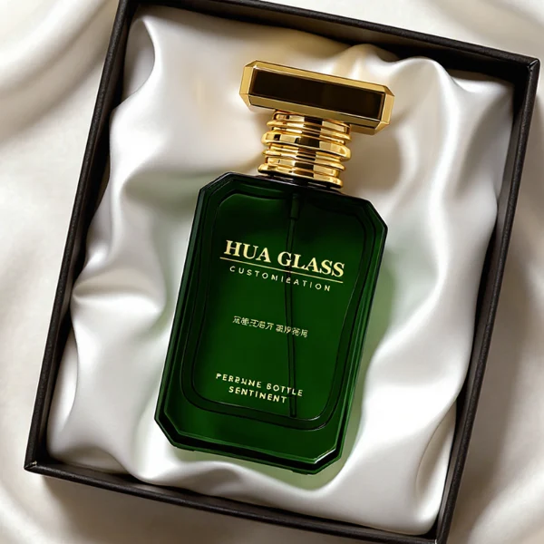 HUA0299 perfume bottle, frosted or semi-transparent customizable color glass body with geometric faceted edges and thick base, 30 ml, 50 ml, or 100 ml liquid, flat rectangular plastic cap in gold or silver color, printed logo on bottle surface, modern artistic luxury design, ideal for gifting and daily use.