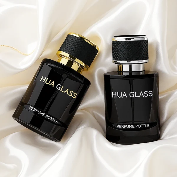 HUA0301 perfume bottle, semi-transparent black cylindrical glass body with thick base, 30 ml, 50 ml, or 100 ml liquid, black leather-wrapped plastic cap with gold or silver plastic bottle neck, gold or silver printed logo on bottle surface, modern masculine luxury design, ideal for gifting and daily use.