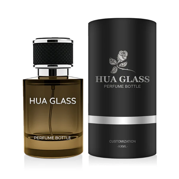 HUA0301 perfume bottle, semi-transparent black cylindrical glass body with thick base, 30 ml, 50 ml, or 100 ml liquid, black leather-wrapped plastic cap with gold or silver plastic bottle neck, gold or silver printed logo on bottle surface, modern masculine luxury design, ideal for gifting and daily use.