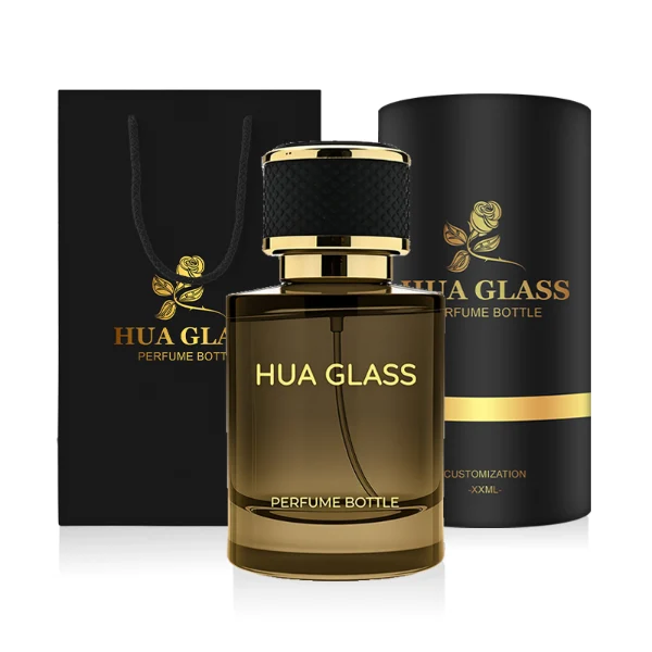 HUA0301 perfume bottle, semi-transparent black cylindrical glass body with thick base, 30 ml, 50 ml, or 100 ml liquid, black leather-wrapped plastic cap with gold or silver plastic bottle neck, gold or silver printed logo on bottle surface, modern masculine luxury design, ideal for gifting and daily use.