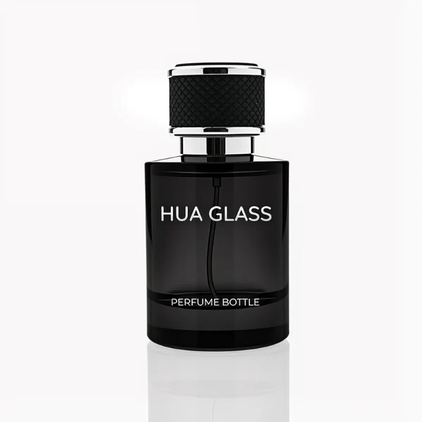 HUA0301 perfume bottle, semi-transparent black cylindrical glass body with thick base, 30 ml, 50 ml, or 100 ml liquid, black leather-wrapped plastic cap with gold or silver plastic bottle neck, gold or silver printed logo on bottle surface, modern masculine luxury design, ideal for gifting and daily use.