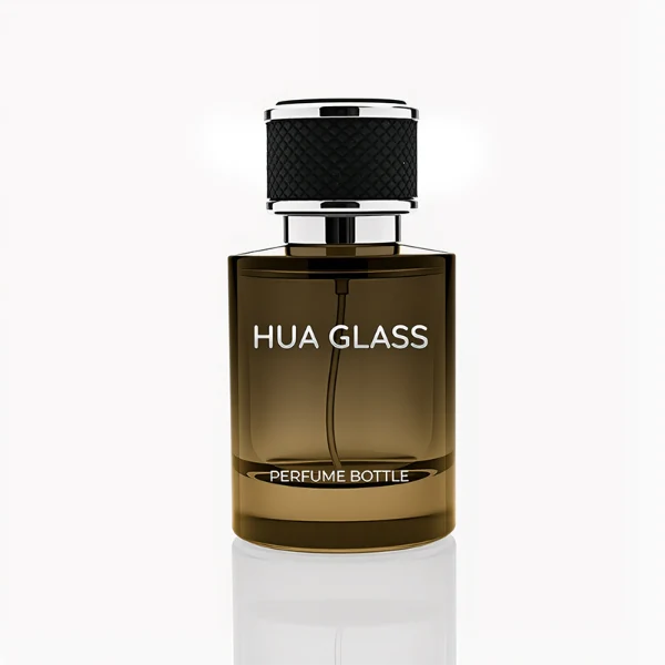HUA0301 perfume bottle, semi-transparent black cylindrical glass body with thick base, 30 ml, 50 ml, or 100 ml liquid, black leather-wrapped plastic cap with gold or silver plastic bottle neck, gold or silver printed logo on bottle surface, modern masculine luxury design, ideal for gifting and daily use.