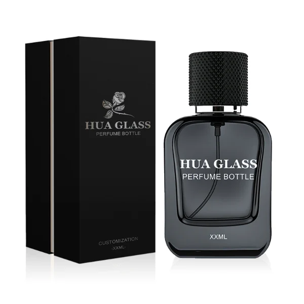 HUA0302 perfume bottle, rounded rectangular glass body with thick base in transparent, semi-transparent black, or amber color, 30 ml, 50 ml, or 100 ml liquid, cylindrical plastic cap with gold or silver bottle neck, printed logo or blank bottle surface, modern minimalist luxury design, ideal for gifting and daily use.